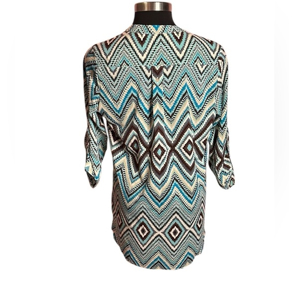 Audrey Ann  Women's Geometric Print Top - Blue and Brown - Picture 2 of 3